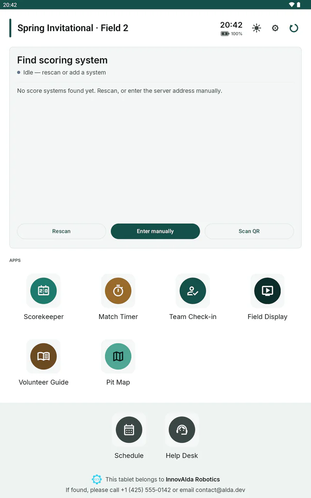 The Nemeo home screen for InnovAlda Robotics, Spring Invitational · Field 2: app tiles for Scorekeeper, Match Timer, Team Check-in, Field Display, Volunteer Guide and Pit Map, with Schedule and Help Desk in the dock.