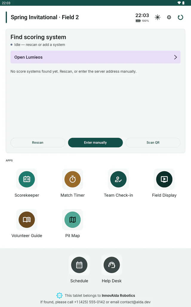 A tablet’s home screen on its Spring Invitational · Field 2 configuration, with an “Open Lumieos” button above the app tiles.